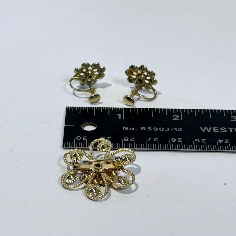 Vintage Floral Red Rhinestone Brooch Pin & Screw Back Earrings Matching Set